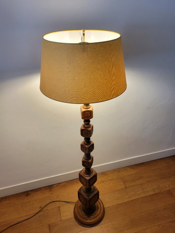 Image 1 of Mid-Century Brutalist floor lamp in oak and brass