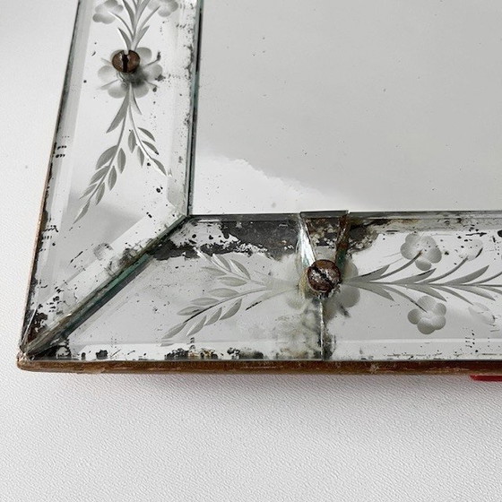 Image 1 of Espejo de mesa veneciano antiguo con vidrio grabado y flores, década de 1900