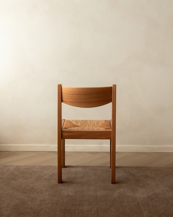 Image 1 of Mid-century eetkamerstoelen van iepenhout en riet van Maison Regain, jaren 70, set van 4