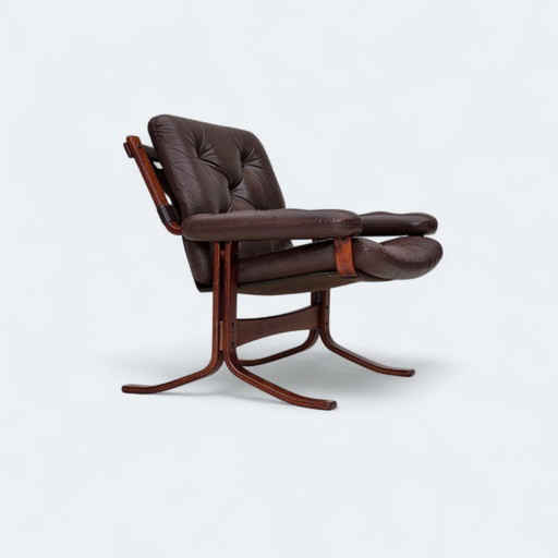 1970s, Norwegian armchair by Jon Hjortdal, furniture leather, bent wood, canvas.