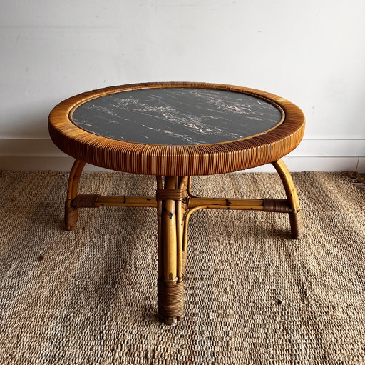Bamboo rattan coffee table marble look top vintage