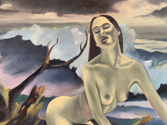 Image 1 of Large Vintage Canvas 60x100 - Artistic Nude Woman in the Waves - Oil Painting on Canvas 1980 with Autograph Dedication on the Ba