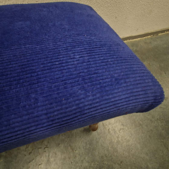 Image 1 of Vintage footstool cobalt blue newly upholstered stool footstool oak 1960s