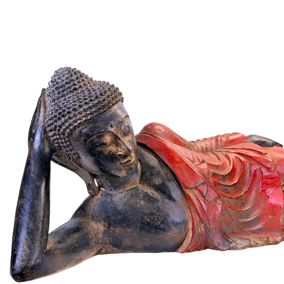 Antique Burmese Teak Wood Reclining Buddha – 19th Century – 102 cm – Sculpture (photo 5 of 11)