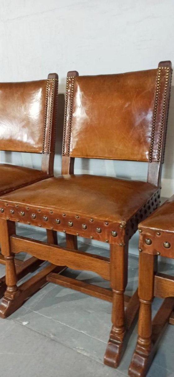 Image 1 of 6 x vintage  Spanish solid wood and leather dining chairs