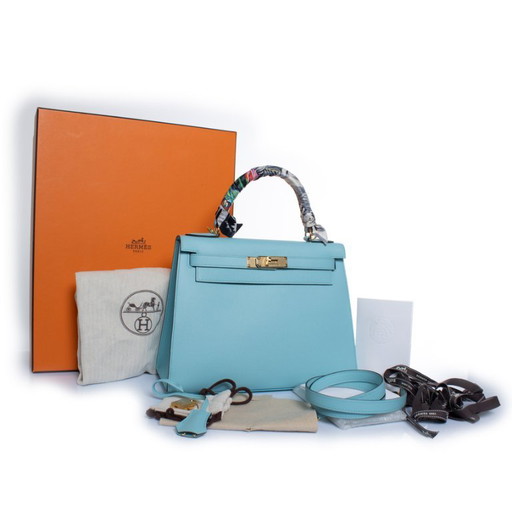 Hermes, Sac Kelly II Sellier 28 Atolón Epsom Bleu – Hermès, top handle tassen, Lambskin (photo 2 of 15)