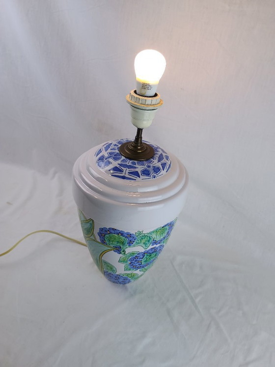 Image 1 of Signed FAM Faïencerie d’Art de la Malicorne Victor Deschang French Vintage Handmade Ceramic Table Lamp Floral Blue Design – 1960