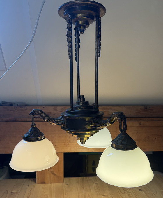 Image 1 of Rare Art Nouveau pendant lamp | 3 perfect original opal glass shades | 1905–1925