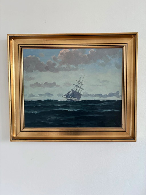 Peinture à l'huile originale vintage représentant une marine, signée, art de voilier