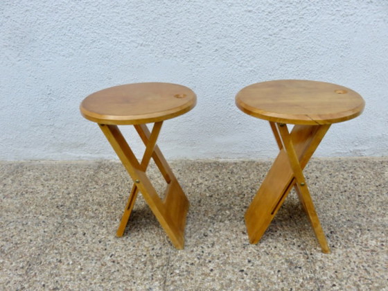 Een paar opklapbare krukjes van Roger Tallon, Sentou-editie, Frankrijk, 1980. – Wood (photo 8 of 14)