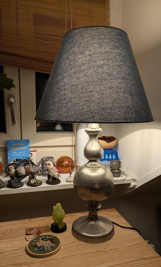 Vintage large silver baluster table lamp with slate blue shade, Textile, Metal, Grey, Classicisme (photo 2 of 6)