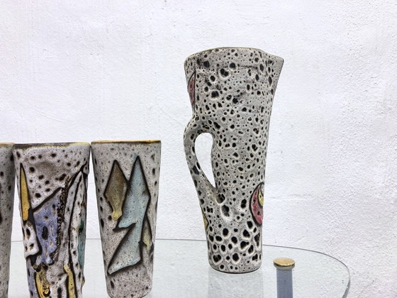 Image 1 of French studio ceramics from Vallauris 1 jug + 4 mugs by Marius Bessone