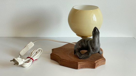 Image 1 of Art Deco Sea Lion Lamp Metal and Blown Glass France