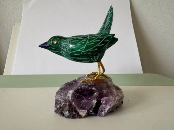 Image 1 of Figurine, Bird Malachite/Amethyst Semi-precious stone