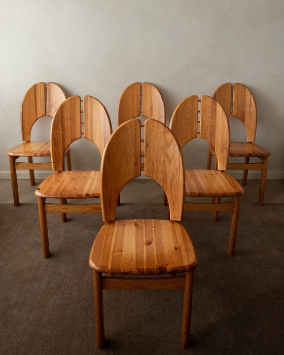 Image 1 of Skandinavische Esszimmerstühle aus Kiefernholz im Brutalismus-Stil, 1970er Jahre, 6er-Set