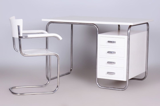 Gerestaureerd Bauhaus schrijfbureau met stoel, chroom, staal, hout, Tsjechisch, jaren 1930 – Metal, Wood (photo 7 of 7)