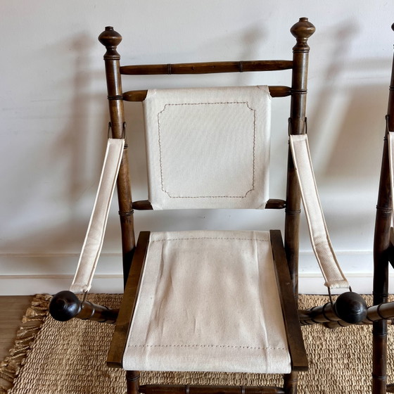 2 vintage campagne stoelen faux bamboo | jaren 70/80 Vintage – Eetkamerstoelen, Canvas, Wood (photo 10 of 12)