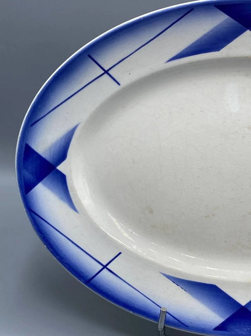 Piatto ovale in maiolica di Digoin Sarreguemines, collezione Artix, design geometrico blu cobalto, aerografo (photo 2 of 6)