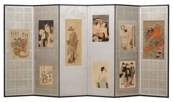 Image 1 of Japanischer mittelgroßer Faltparavent mit Holzschnitten
