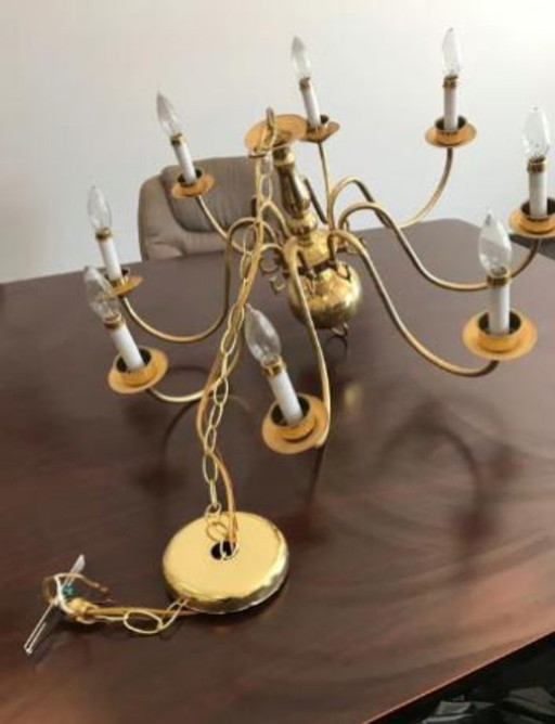 Vintage kroonluchter uit 1998, massief messing, goudkleurig, plafondlamp met 8 lampen