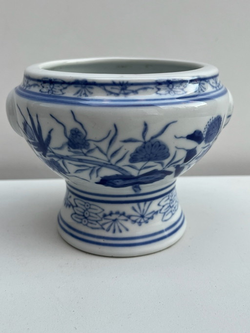 Vintage Chinese Blue White Incense Burner 10cm - Lotus - 12cm Diameter