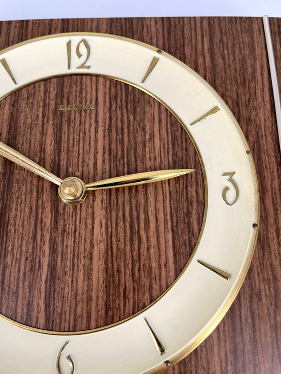 Image 1 of Mid Century Wall / Mantel Clock – Junghans Quartz W756 – Wood & Brass