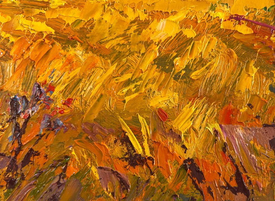 Image 1 of Original Oil Painting Sunset Field Landscape Silence in the pasture