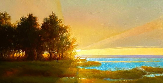 Original Oil Painting River Nature Sunset Evening Landscape – Paintings & Drawings, Canvas (photo 3 of 8)