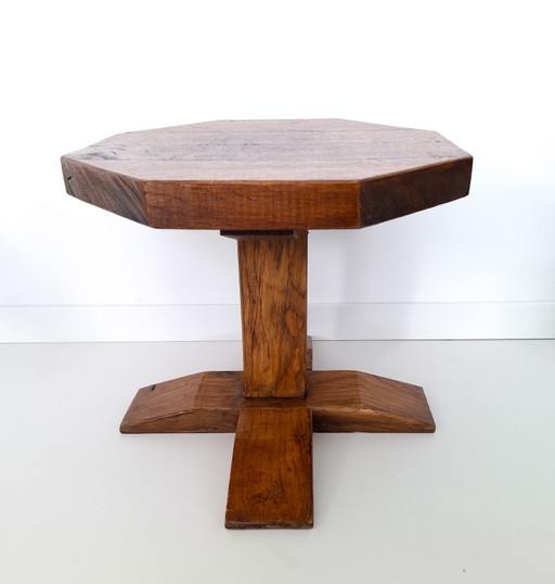 Mesa auxiliar octogonal de roble estilo brutalista vintage