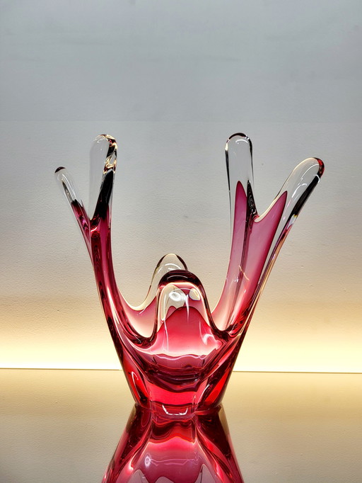 Val Saint Lambert Bowl, Organic Design, Emerald Red Color And Clear Glass, 1980s