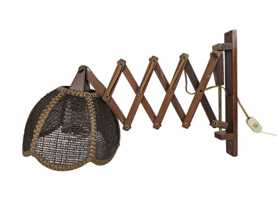 Image 1 of Schaarlamp | Harmonicalamp | wandlamp | vintage | eiken | varkensblaas | 70's |