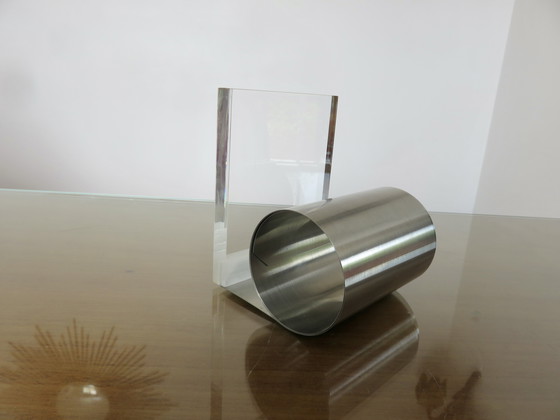 Image 1 of Serre Livre Déroulant Roche Bobois En Plexiglass Et Acier Inoxydable, 1970