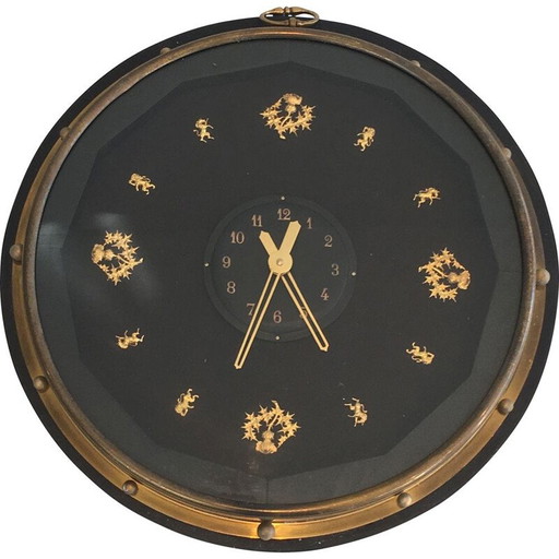 Round black and gold vintage wall clock, 1950