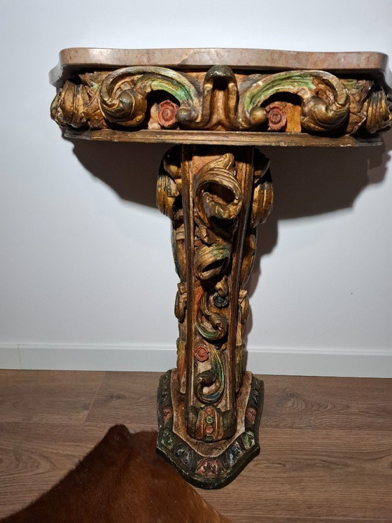 Image 1 of Antique Portuguese Gilded Console Table with Marble Top - 19th Century Carved Wood - Hand-Painted Polychrome Details - BGS Studi