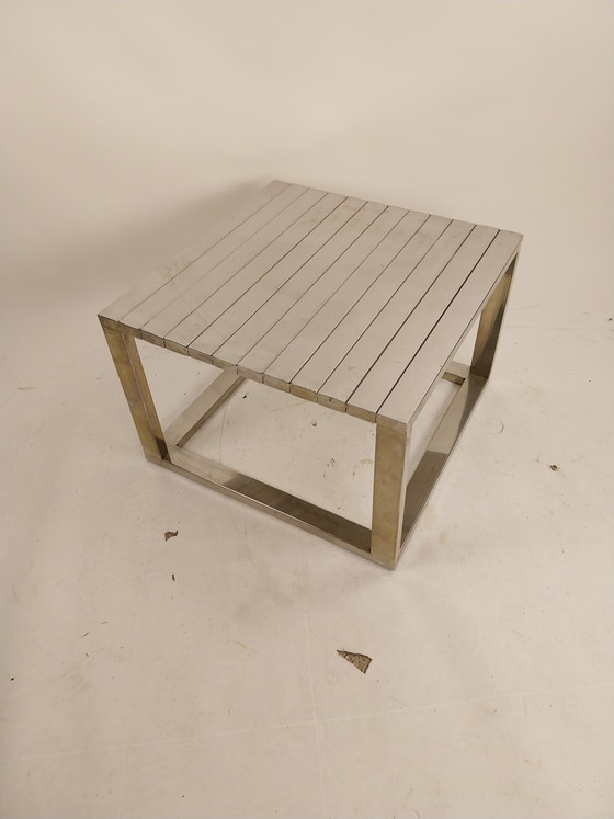 Image 1 of 1 x polished aluminium slatted table 60 x 60 x 40cm 1980s