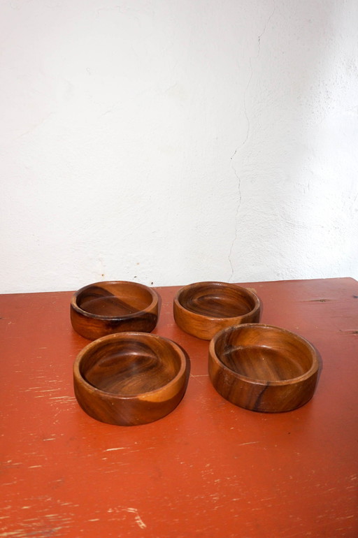 vintage teak snack bowls * set of 4 * mid-century wooden dishes * stacking * scandinavian modernist style * natural kitchen deco