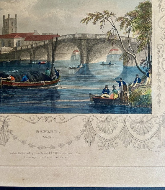 Image 1 of Pair of Antique Hand-Coloured English Engravings by Tombleson – Marlow & Henley – Framed Views of the Thames – c.1830-1850