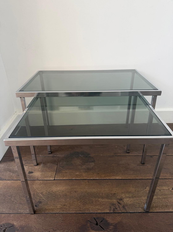 Image 1 of Vintage design bijzettafels / miniset chroom blad van (rook) glas 