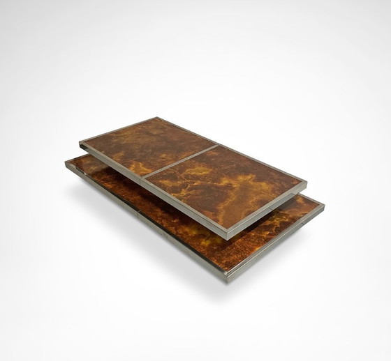 Image 1 of Schuifbare salontafel met twee niveaus van wortelhout en metaal, met geïntegreerde bar, Frankrijk, jaren 80.