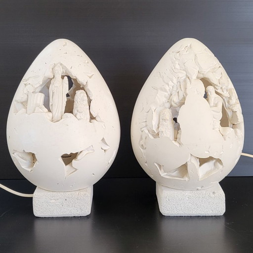PAIRE DE LAMPES OEUF VINTAGE 1970 MYTHOLOGIE GRECQUE PLATRE PIERRE PONCE 70S