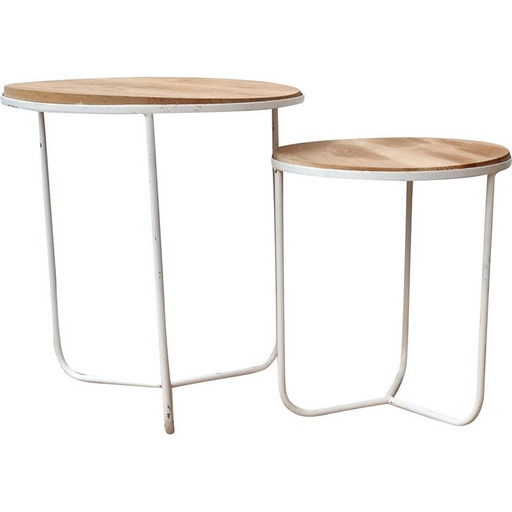 Paar Vintage-Beistelltische aus rohem Holz und Metall