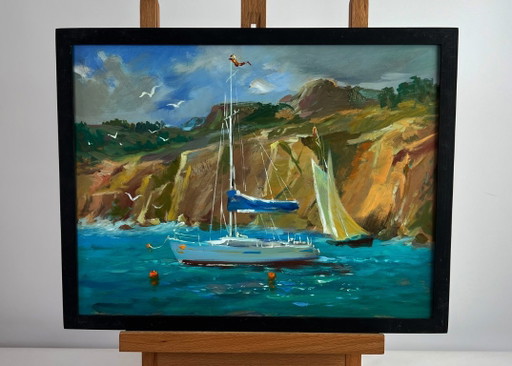 Original Oil Painting Sea Coastal Landscape Sailing away on a yacht