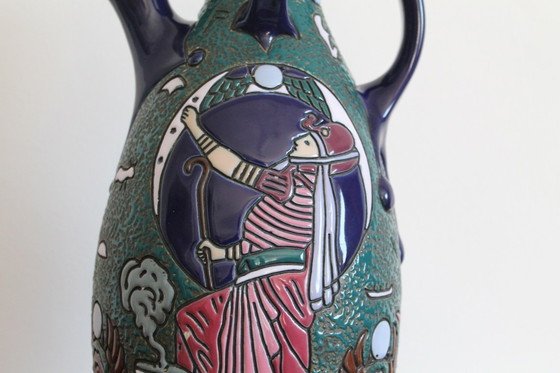 Image 1 of Czechsolovakian Art Deco Egyptian revival ceramic pitcher. 