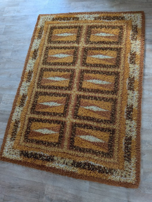 Grande tappeto scandinavo vintage in stile Rya – Motivi geometrici vivaci in stile Space Age – 160x220