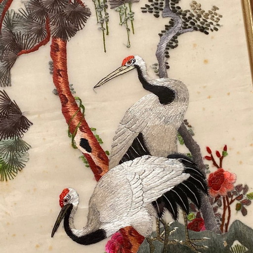 Tableau broderie ancienne asiatique cigogne oiseau vintage