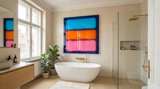 Abstract color field painting in baby blue, orange, and pink | Fluorescent style | XXL 0.5 cm acrylic glass (photo 3 of 4)