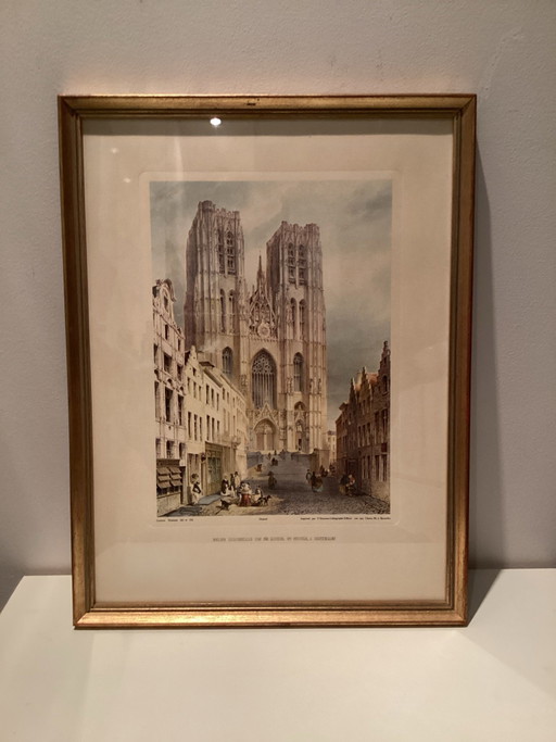 Wunderschöne, antike Lithografie aus dem 19. Jahrhundert der Kathedrale St. Michael und St. Gudula in Brüssel.