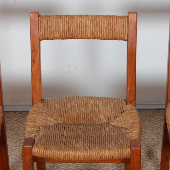 Image 1 of Set of 6 straw-seated chairs in solid elm, French work, 1950