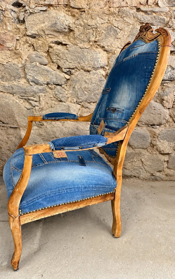 Poltrona Vintage Unica in Denim – Stile Luigi XV Restaurato – Poltrone, Wood, Textile (photo 9 of 12)