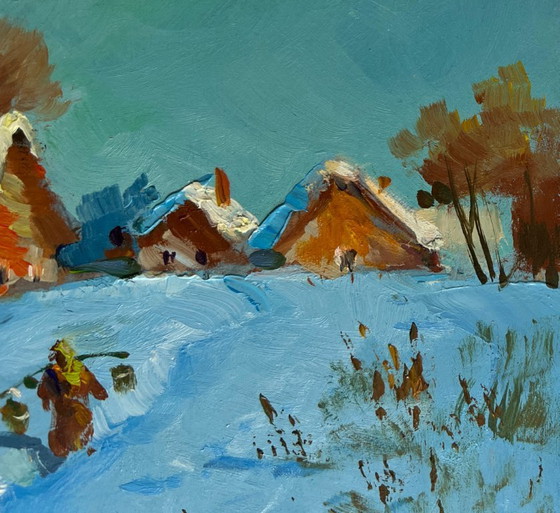Image 1 of Origineel olieverfschilderij: Winterdorpslandschap met een besneeuwd pad in het dorp.